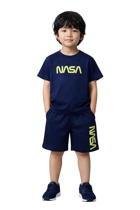 THE PONY & PEONY CO. Unisex Kids Oversized NASA Printed Co-Ord Set in Navy| Cotton T-Shirt & Shorts Set | Half Sleeve Graphic Tee with Matching Bottom | Casual Wear Outfit for Playtime & Outings
